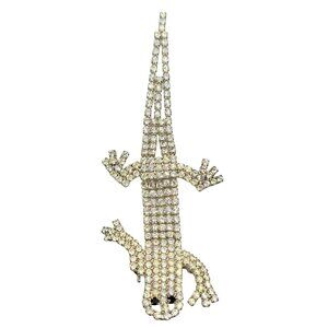 Silver Tone Clear Rhinestone Articulated Lizard Gecko Brooch Pin